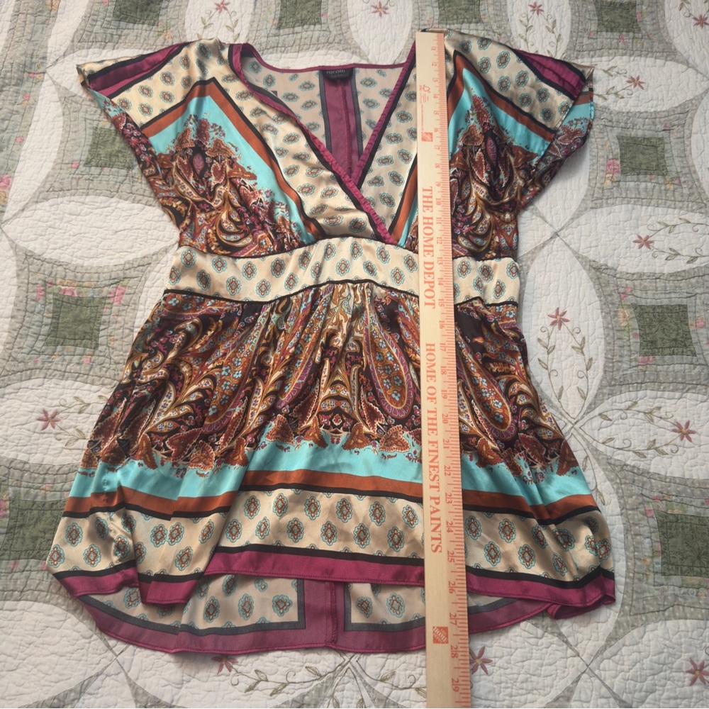 Nicole Scarf Print Paisley Babydoll Tunic Top M Boho V Neck Cap Sleeve - Picture 8 of 8